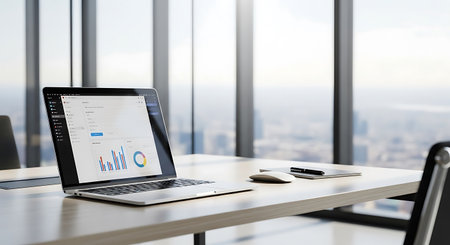 laptop screen with financial chart on table in modern office. 3d renderingの写真素材