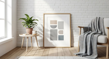 Interior of modern living room with white walls, wooden floor, comfortable armchair and mock up poster frame. 3d renderingの写真素材