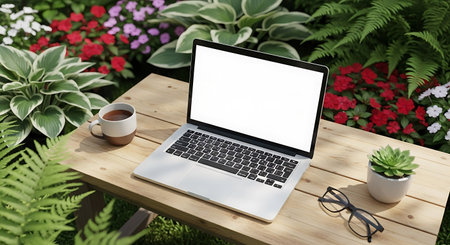 Mockup image of laptop with blank white screen placed on wooden table in gardenの写真素材