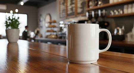 Coffee cup on the wooden table in coffee shop background.の写真素材