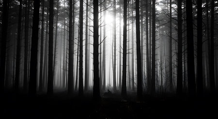 A dramatic black and white photograph captures a dense forest shrouded in thick mist, with towering...