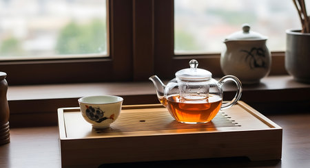 A clear glass teapot filled with amber-colored tea and a delicate ceramic teacup with a floral design are neatly arranged on a wooden tea tray by a window, suggesting a peaceful tea ceremony or moment of relaxation.の写真素材