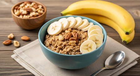A close-up shot features a teal bowl of creamy oatmeal garnished with fresh banana slices and a mix of pecans and other nuts, accompanied by a wooden bowl of assorted nuts, a bunch of ripe bananas, and a spoon on a linen napkin, all set on a rustic wooden surface.の写真素材