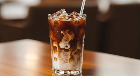 A refreshing glass of iced coffee with milk swirls and ice cubes, featuring a straw and...