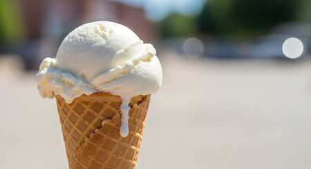 Vanilla ice cream in a waffle cone on the street.