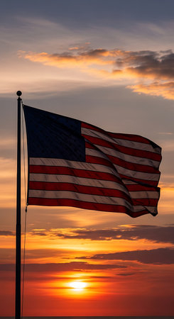 United States of America flag waving in the wind on a beautiful sunset background
