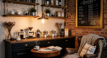 Coffee shop interior with barista equipment, coffee maker, cup and book
