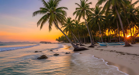 Beautiful tropical beach and sea with coconut palm tree at sunset time - Holiday Vacation concept