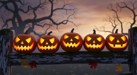Halloween pumpkins on wooden fence at sunset, 3d renderの写真素材