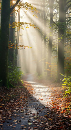 Morning in the forest with sunbeams and fog. Autumn landscape
