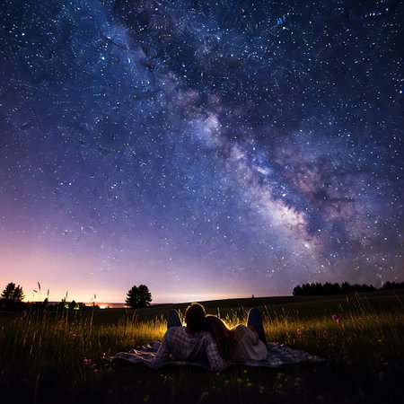 Couple sitting on the grass under the milky way and looking at the starsの写真素材
