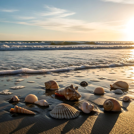 Seashells on the beach at sunset. Nature composition.