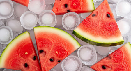 Watermelon slices with ice cubes, top view, close-upの写真素材