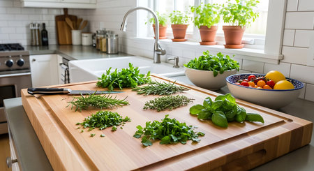 Fresh herbs on a wooden cutting board in a modern kitchen. Selective focus.