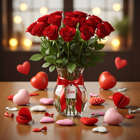 Bouquet of red roses in a glass vase on a wooden table. Valentine's Day.の写真素材