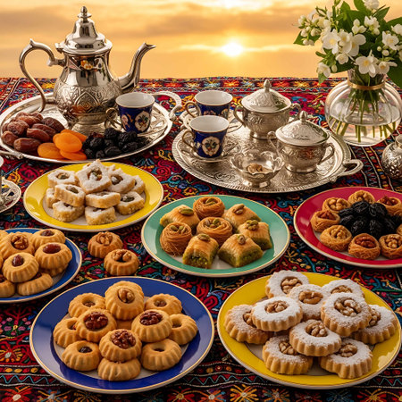 Traditional oriental sweets and tea set on the table in the sunsetの写真素材
