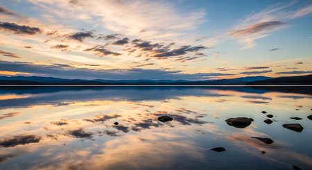 Reflection of clouds in the lake at sunset. Long exposure.