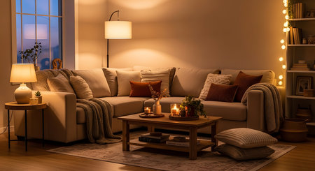 interior of a living room with a sofa and a coffee tableの写真素材