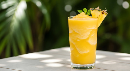 Pineapple smoothie in glass with pineapple slices on white wooden table