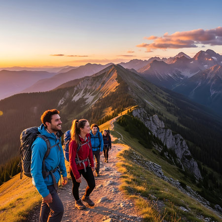 Group of hikers walking on the mountain path at sunset. Hiking concept