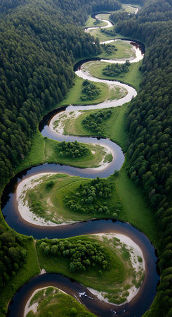 Aerial view of a river in the middle of a forest.