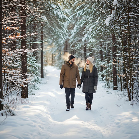 Young couple in love walking in the winter forest. Man and woman walking in the winter forest.