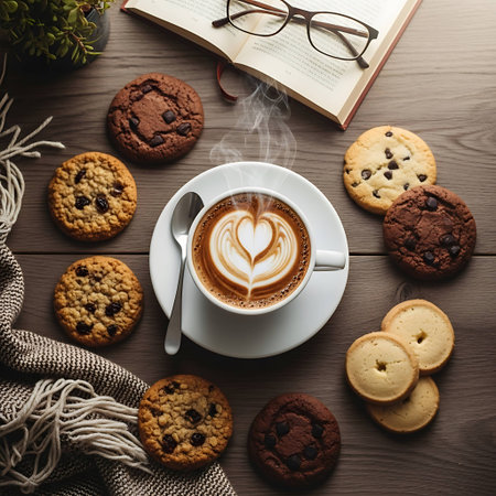 Cup of coffee with cookies and book on wooden table, top viewの写真素材