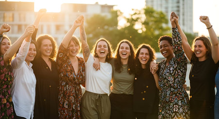 Group of happy young women raising their hands in the air and laughing