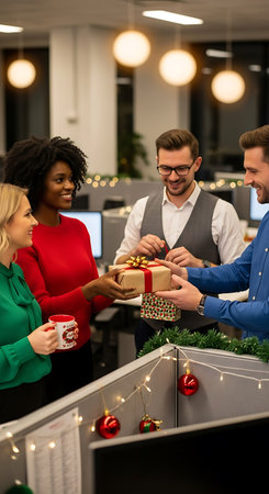 multiethnic businesspeople exchanging christmas presents at workplace in officeの写真素材