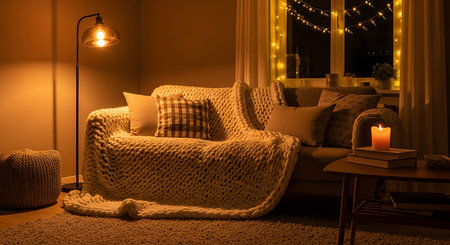 Cozy living room interior with armchair, book, lamp and Christmas lights