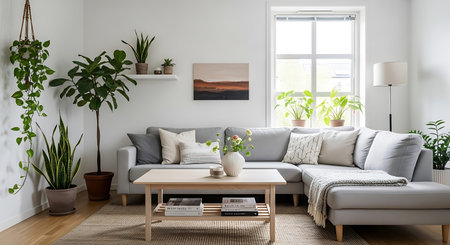 Interior of modern living room with sofa, coffee table and plantsの写真素材