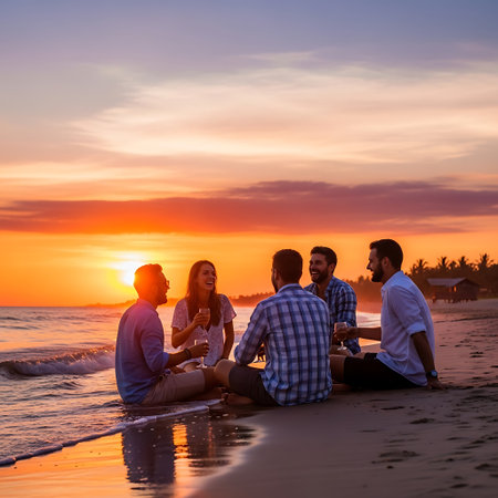 Group of young friends sitting on the beach and drinking beer at sunsetの写真素材