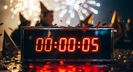 Alarm clock and fireworks on background. New Year and Christmas concept.