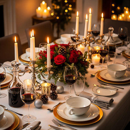 Festive table setting with red roses and candles in a restaurant.の写真素材