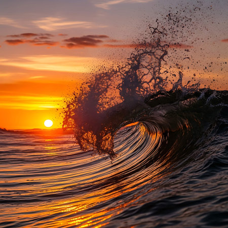 Beautiful sunset in the sea with a wave and splashes.の写真素材