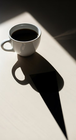 Cup of coffee with shadow on white table. Morning sunlight.