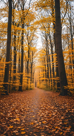 Autumnal forest road with yellow leaves in the fall season.の写真素材