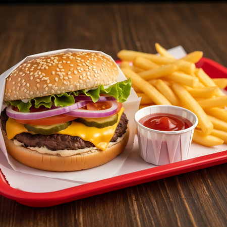 Cheese burger - American cheese burger with Golden French fries on wooden backgroundの写真素材