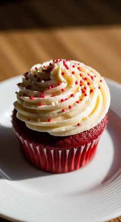 Red velvet cupcake with white cream frosting and red sprinkles