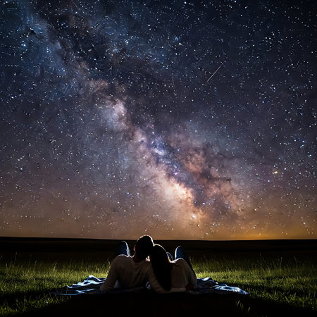 Couple sitting on blanket and watching milky way. Mixed media