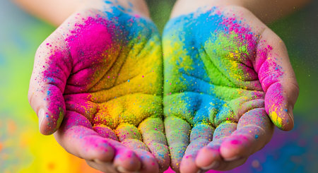 Hands covered with colorful holi powder. Indian festival Holiの写真素材
