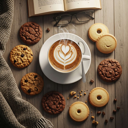 Cup of coffee with cookies and book on wooden table, top viewの写真素材