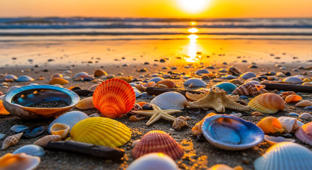 Seashells on the beach at sunset. Summer vacation conceptの写真素材