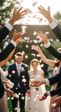 cropped view of newlyweds throwing confetti at wedding ceremonyの写真素材