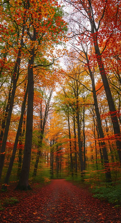 Autumn forest in the morning. Colorful trees in autumn forest