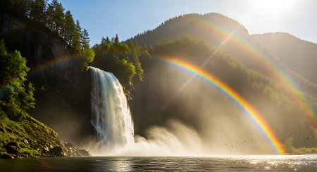 Waterfall Skogafoss at sunrise with rainbow.