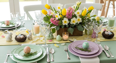 Easter table setting with spring flowers and eggs in rustic style