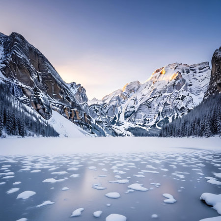 Beautiful winter landscape with frozen lake and snow-capped mountains