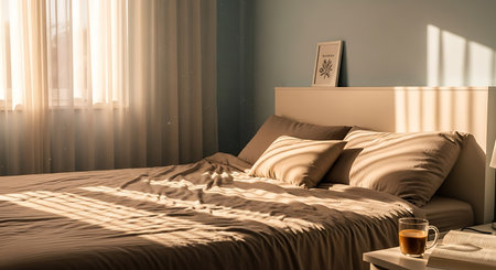 interior of modern bedroom with light from window. 3d renderの写真素材