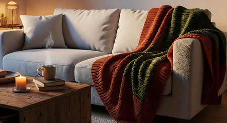 Cozy living room interior with comfortable sofa and plaid. 3d render
